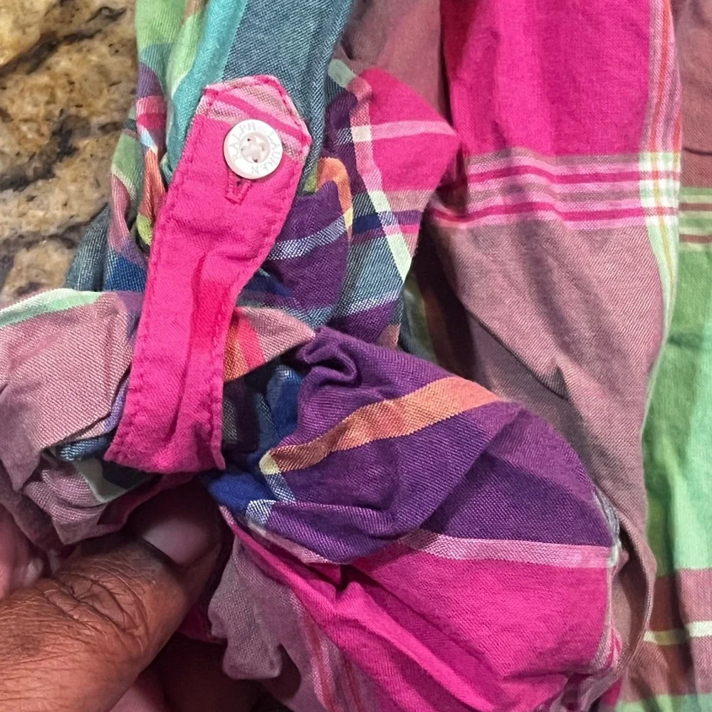Ralph Lauren Girls Plaid Smocked Dress 6X Pink Purple‎ Green Button Front Pony